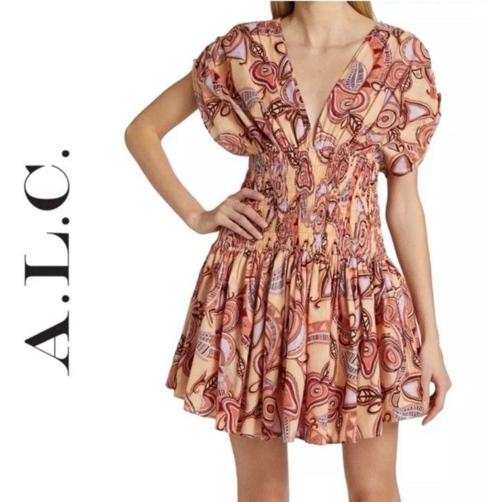 A.L.C. Luna Print Smocked Mini‎ Dress Nude Peach Color Boho Festival Size 4